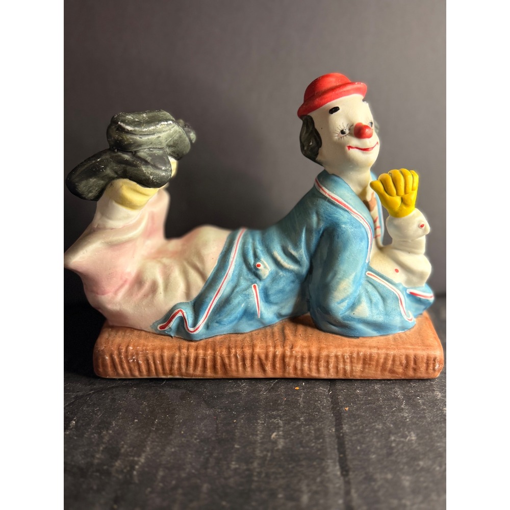 Vintage Ceramic Reclining Clown Figurine Hand Painted Blue Jacket Red Hat 5.5"